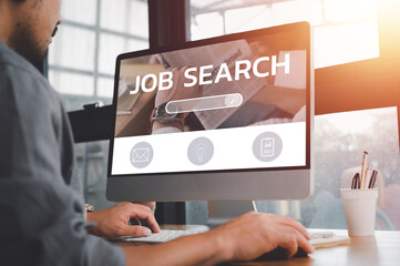 Leinwandbilder - job search concept, find your career, Man looking at online website by computer. People searching for vacancies or position on the internet, recruiting, finding jobs. unemployed and poor economy.