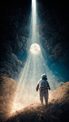 Wall Mural - an astronaut on another desert and rocky planet looks at the moon. moonlight illuminates the astrona