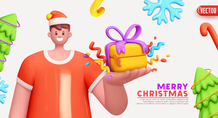 Smiling young man holds Christmas present in her hands on palm. Christmas and New Year background with realistic 3d element. Man in red santa claus hat, Xmas decorative objects. Vector illustration