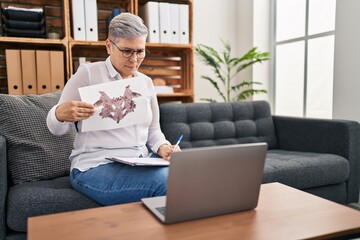 Wall Mural - Middle age woman psychologist having online rorscharch test at pyschology center