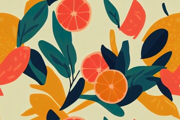 Poster - Trendy and colourful of Summer fruits Orange and leaves brushed strokes style, seamless pattern 2d ,Design for fashion , fabric, textile, wallpaper, cover, web , wrapping and all prints