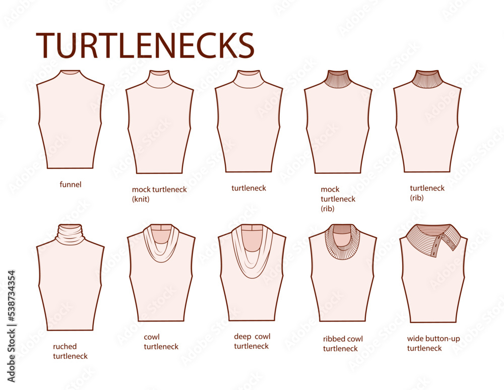Collared Neck Variation Set of necklines turtlenecks clothes sweaters, tops ribbed, knit ...