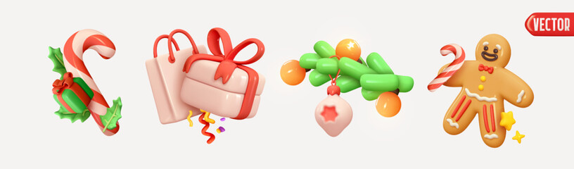 Wall Mural - Christmas decor objects. Xmas Decoration Realistic 3d design in cartoon plastic style, candy cane, gift box, pine branch, gingerbread man, shopping bag. Winter holiday element. Vector illustration