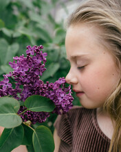 Young Girl Smelling The Flowers.