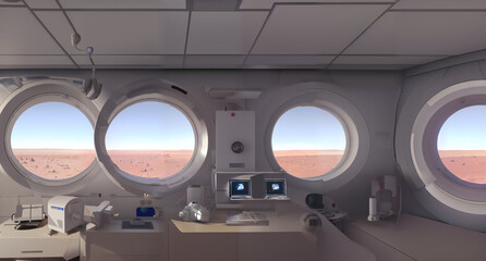 Wall Mural - habitat on planet mars, research station room looking out to the martian landscape