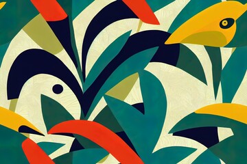 Modern exotic jungle pattern with toucan bird. Collage contemporary seamless pattern. Hand drawn cartoon style pattern.