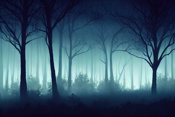 Poster - Mysterious fantasy silhouette dark branch night nature. Black mystical scary bare trunks autumn trees fog. Mystic Road way blue moonlight mist . magic gothic horror spooky forest. Background smoke