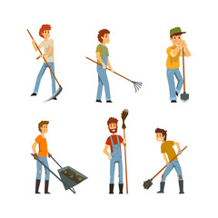 Wall Mural - Young Man Farmer Working in the Field with Scythe, Shovel, Wheelbarrow and Rake Vector Set