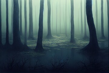 Sticker - Empty, misty swamp in the moody forest with copy space