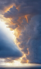 Poster - Thunderstorm clouds with lightning over the sea. Hurricane fantasy storm. Heavenly cloudscape, lightning bolts and thunder. Render