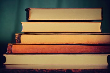 Poster - a stack of old books. vintage book on wooden table. magic lightning around a glowing book in the roo