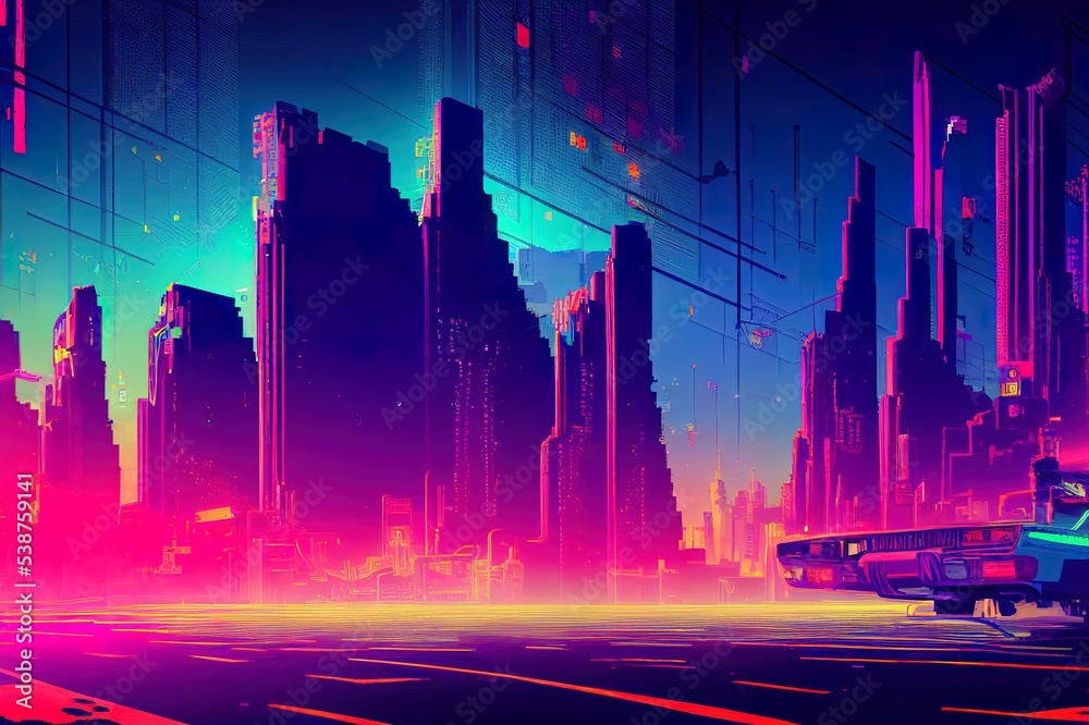 Cyberpunk neon city night. Futuristic city scene in a style of pixel ...