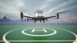 Fototapeta Sport - Autonomous driverless aerial vehicle fly across city, 3d render