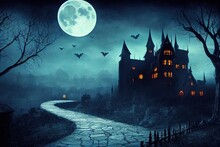 Scary Gothic Castle On Halloween Night, Haunted Palace Or Mansion For Dark Blue Background. Spooky View Of Old Mystery Castle And Bats In Full Moon. Horror Scene With Big Gloomy House, Fantasy Place.