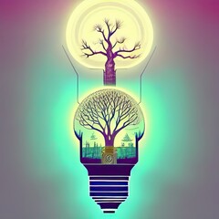 Tree growing in light bulb, saving energy and eco concept for green technology clean environmental science innovation to combat climate change, conceptual illustration