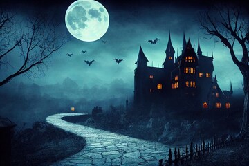 Scary Gothic castle on Halloween night, haunted palace or mansion for dark blue background. Spooky view of old mystery castle and bats in full moon. Horror scene with big gloomy house, fantasy place.