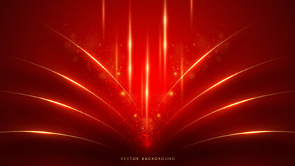 Wall Mural - Luxury red background with golden lines, sparkle glow, glitter light and beam effect decoration