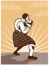 Illustration Of A Scotsman In Traditional Scottish Game And Kilt Throwing Stone Put Doen In Retro Style.