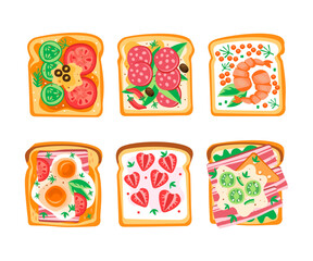 Wall Mural - Sandwich with Various Ingredients Like Wurst, Scrambled Egg, Vegetables, Bacon and Shrimp Vector Set