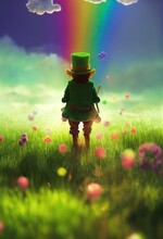 3D Rendered Computer-generated Holiday Leprechaun For The 2022-2023 Winter Holiday. Special Edition St Patrick's Day Lucky Irish Leprechaun With Green Clover Fields And Rainbows. Cute And Kawaii