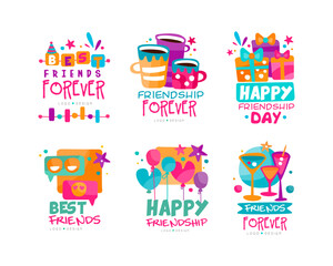 Wall Mural - Friends Forever Logo Design with Balloons, Gift Box and Cocktails Vector Set