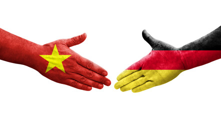 Wall Mural - Handshake between Germany and Vietnam flags painted on hands, isolated transparent image.