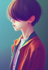 Portrait handsome anime boy for avatar and computer graphic background. 2D Illustration.