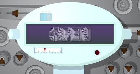 Poster - Robot Eye Showing Open Text. Animated video. Future Robotics Cartoon Animation.