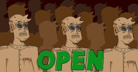 Poster - Robot Army with Open Text. Line Art Animated video. Future Robotics Cartoon Animation.