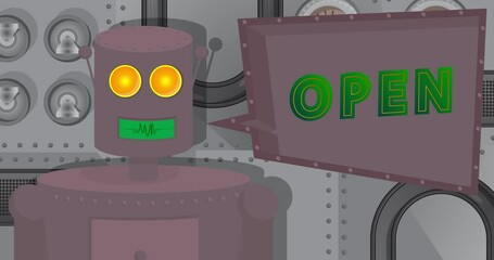 Poster - Robot Saying Open with Speech Bubble. Cartoon Animated video. Future Robotics Animation.