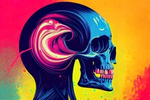2d Illustration Illustration Of Color Shaded Digital Glitch Screaming Skull In The Style Of Modern Grunge Design.