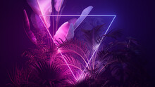 Trendy Background Design. Tropical Plants With Pink And Blue, Triangle Shaped Neon Frame.