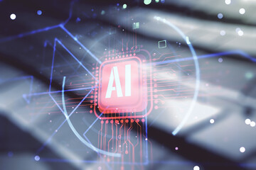 Aufkleber - Double exposure of creative artificial Intelligence abbreviation hologram on shiny metal background. Future technology and AI concept