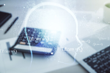 Aufkleber - Abstract virtual artificial Intelligence interface with human head hologram on calculator and laptop background. Multiexposure