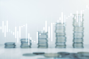 Poster - Abstract virtual financial graph hologram on coins background, financial and trading concept. Multiexposure