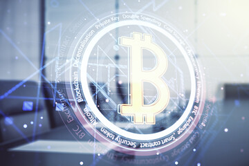 Poster - Virtual Bitcoin sketch on a modern coworking room background. Double exposure