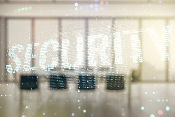 Poster - Virtual cyber security creative concept on a modern furnished office background. Double exposure