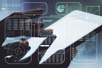 Aufkleber - Abstract creative analytics data spreadsheet with finger clicks on a digital tablet on background, analytics and analysis concept. Multiexposure
