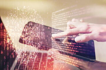 Poster - Creative concept of code skull illustration and finger clicks on a digital tablet on background. Hacking and phishing concept. Multiexposure