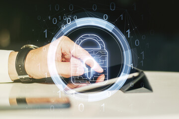 Aufkleber - Creative lock sketch with chip hologram and hand working with a digital tablet on background, protection of personal data concept. Multiexposure