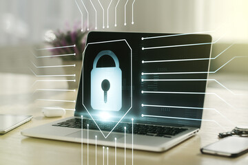 Poster - Creative light lock illustration with microcircuit on modern computer background, cyber security concept. Multiexposure