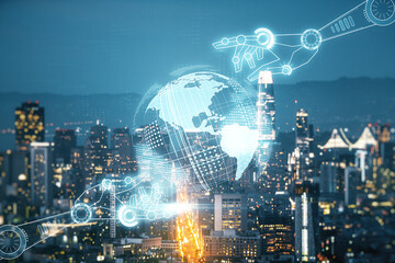 Aufkleber - Abstract virtual robotics technology hologram with globe sketch on San Francisco skyline background. Robot development and automation concept. Multiexposure
