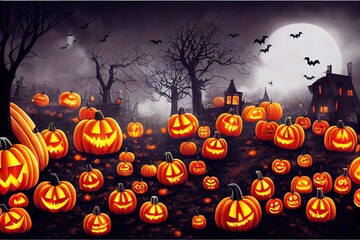 Wall Mural - Halloween Party Card Pumpkins And Skeleton In Graveyard At Night With Wooden Board