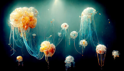 Fantastic jellyfish swimming in the deep sea, Digital art of dancing jellyfish