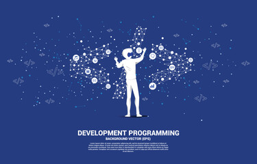 Aufkleber - Silhouette man wear VR glasses software development programming tag with polygon dot connect line. Concept of digital virtual reality technology and AR .