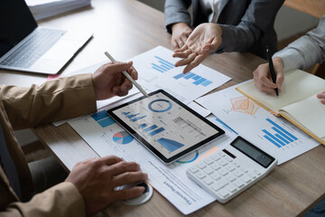 Sticker - Business team brainstorming data target financial on digital tablet and paperwork