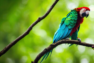 Sticker - Hybrid parrots in forest. Macaw parrot flying in dark green vegetation. Rare form Ara macao x Ara ambigua, in tropical forest, Costa Rica. Wildlife scene from tropical nature. Red bird in fly, jungle.