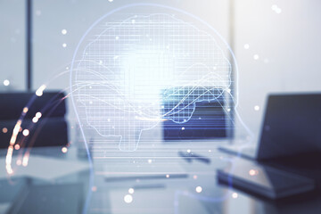 Aufkleber - Double exposure of creative artificial Intelligence symbol and modern desktop with laptop on background. Neural networks and machine learning concept