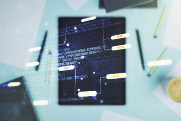 Aufkleber - Double exposure of abstract creative programming illustration and modern digital tablet on background, big data and blockchain concept