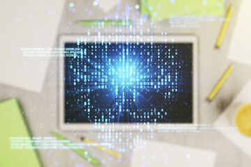 Poster - Double exposure of creative code skull hologram and digital tablet on background, top view. Malware and cyber crime concept